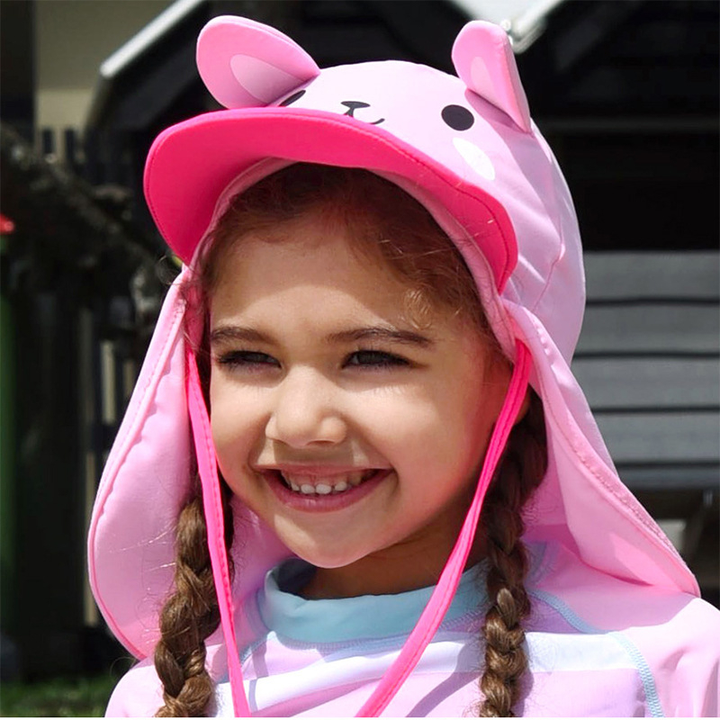 Pălărie de plajă pentru copii cu imprimeu desen animat – protecție solară, acoperire a gâtului, rezistență la vânt, poliester