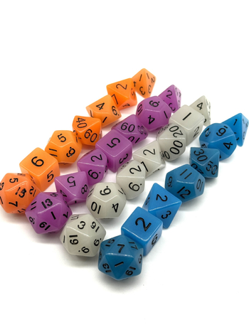 Dungeons & Dragons комплект зарове, 7 части, акрилни, многостранни, светещи в тъмното, закръглени ъгли
