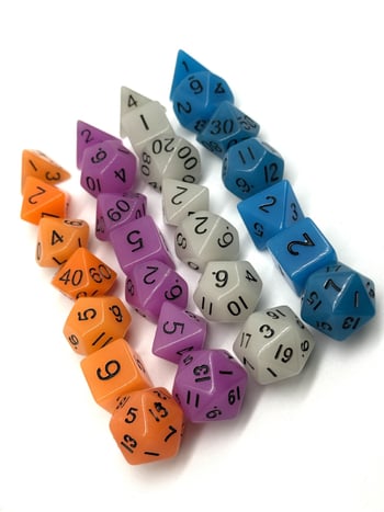 Dungeons & Dragons комплект зарове, 7 части, акрилни, многостранни, светещи в тъмното, закръглени ъгли