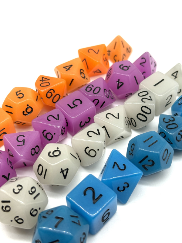 Dungeons & Dragons комплект зарове, 7 части, акрилни, многостранни, светещи в тъмното, закръглени ъгли