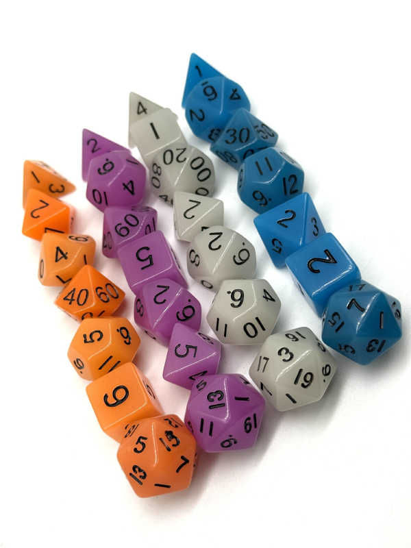 Dungeons & Dragons комплект зарове, 7 части, акрилни, многостранни, светещи в тъмното, закръглени ъгли