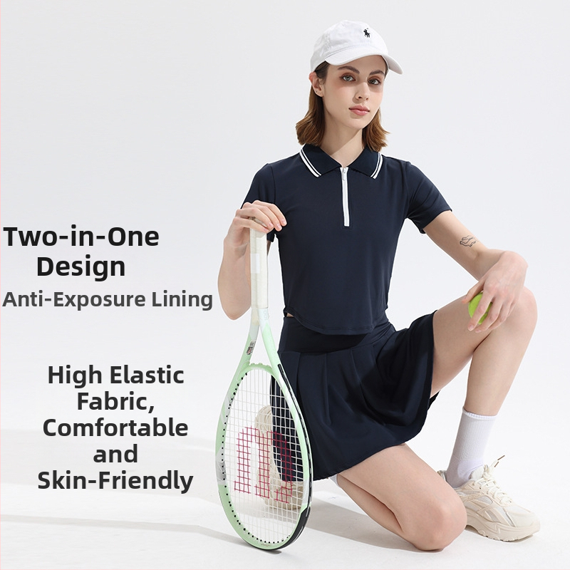 Moterų teniso ir badminton sportinės aprangos komplektas, trumpomis rankovėmis, polo apykaklė, šortai, nailonas 80/20, vasara