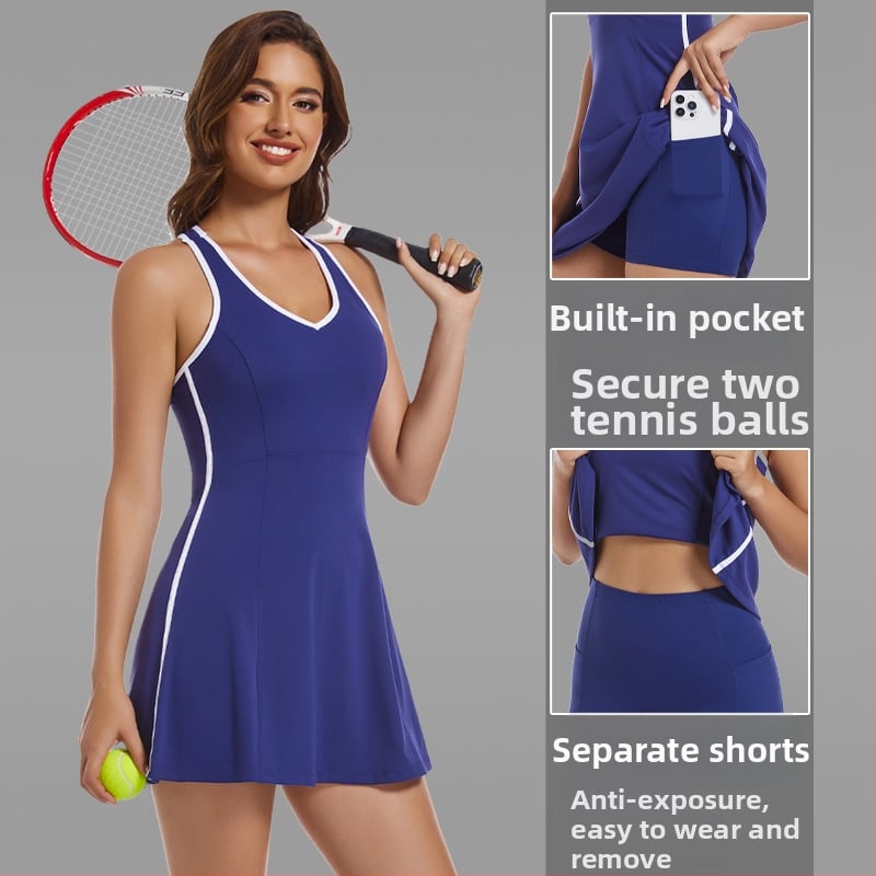 Fitnesa kleita ar krūšu uzpildi, bez piedurknēm, vienkrāsaina; materiāls: ķīmisko šķiedru maisījums; ārējais audums 78% neilons; pamušļa 22% spandeks