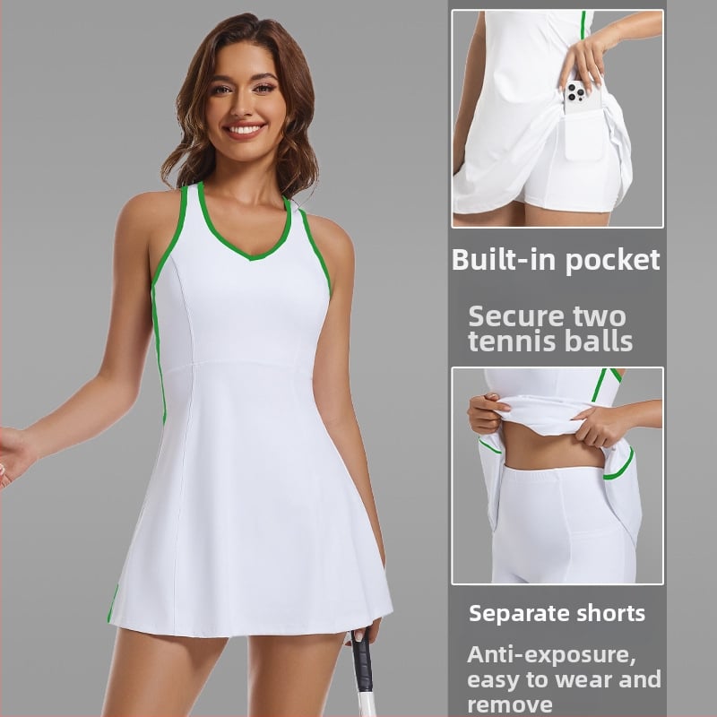 Fitnesa kleita ar krūšu uzpildi, bez piedurknēm, vienkrāsaina; materiāls: ķīmisko šķiedru maisījums; ārējais audums 78% neilons; pamušļa 22% spandeks