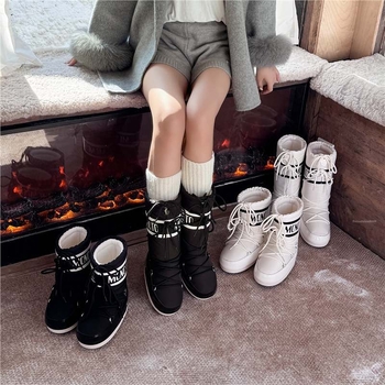 Женски зимни ботуши за сняг с подплата от флис и пухкав горен слой, гумена подметка, запазват топлината