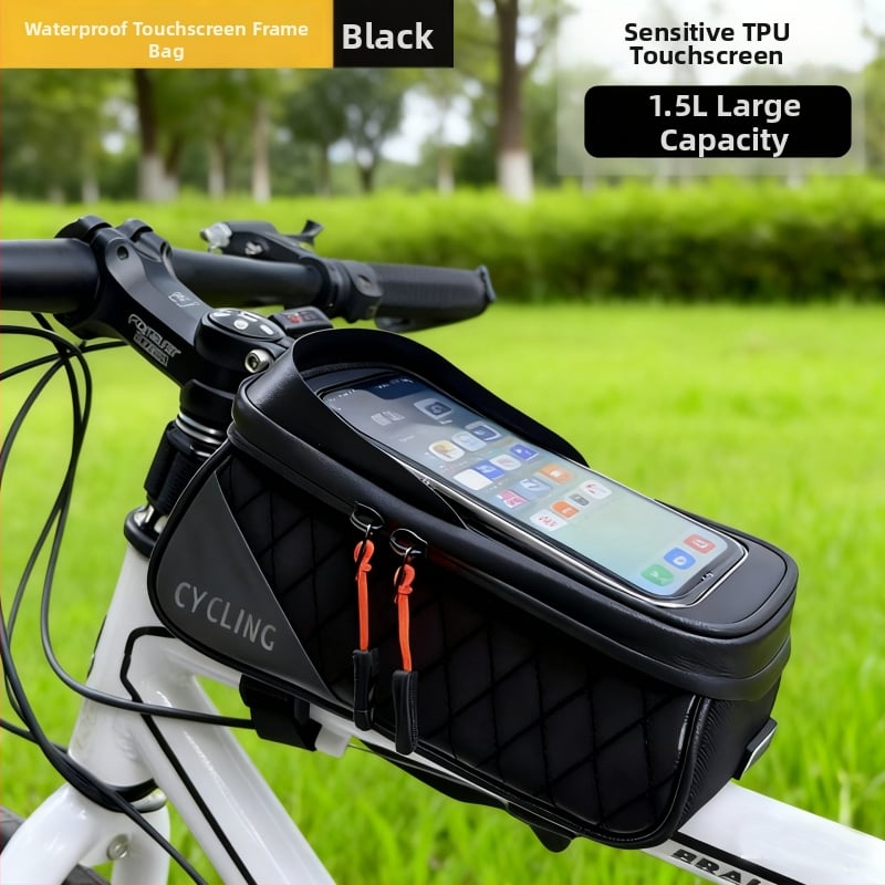 Kerékpártáska szintetikus bőrből, 1,5 L kapacitás, modell F001, kormánycső és felsőcső tároló