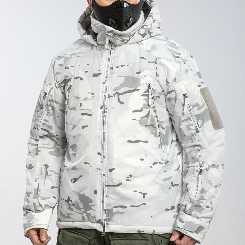 Ανδρικό καμουφλαρισμένο μπουφάν με γέμισμα από πολυεστέρα-βάμβακο, ανεμοφραγτικό και ζεστό, με κουκούλα, για χειμερινές εξωτερικές δραστηριότητες