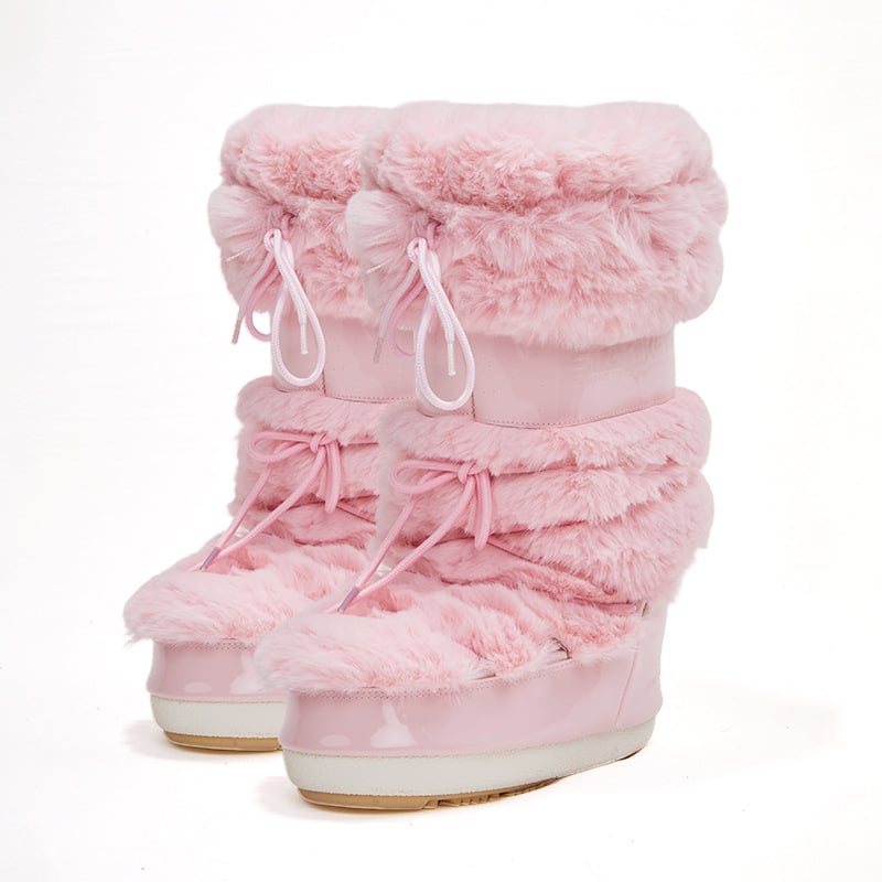 Sieviešu sniega zābaki ar biezu zoli, pūkaina augšdaļa, noņemama silta oderde, augsts potītes augstums, pretslīdējoša gumijas zole