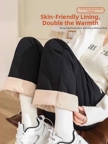 Sieviešu pūču bikses ārējai apģērbam, neilona ārējais audums, balta pīļu pūka pildījums, augsts viduklis, taisns griezums, biezas ziemas bikses