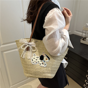 Плетена плажна чанта Tote за жени — голям капацитет, пасторална щампа, форма кофа, цип