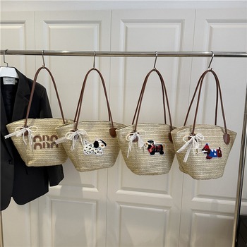 Плетена плажна чанта Tote за жени — голям капацитет, пасторална щампа, форма кофа, цип