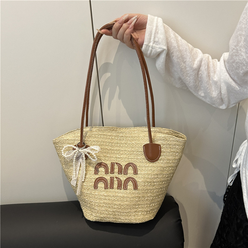 Плетена плажна чанта Tote за жени — голям капацитет, пасторална щампа, форма кофа, цип