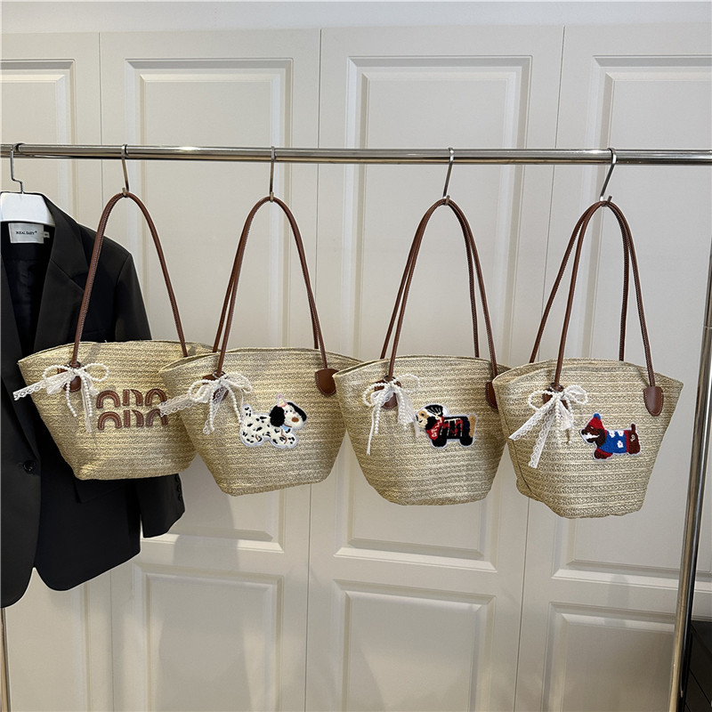 Плетена плажна чанта Tote за жени — голям капацитет, пасторална щампа, форма кофа, цип