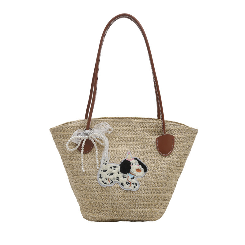 Плетена плажна чанта Tote за жени — голям капацитет, пасторална щампа, форма кофа, цип