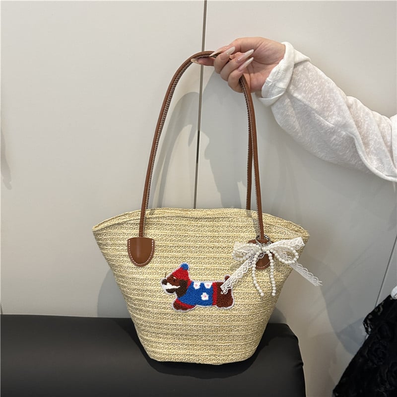 Плетена плажна чанта Tote за жени — голям капацитет, пасторална щампа, форма кофа, цип