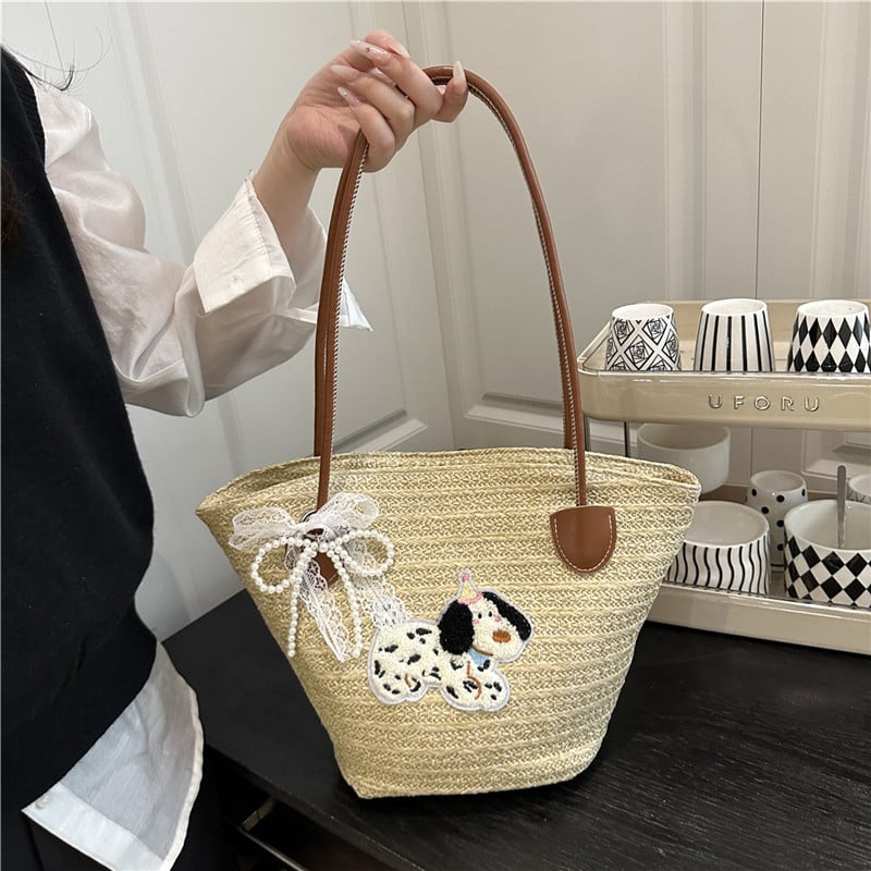 Плетена плажна чанта Tote за жени — голям капацитет, пасторална щампа, форма кофа, цип