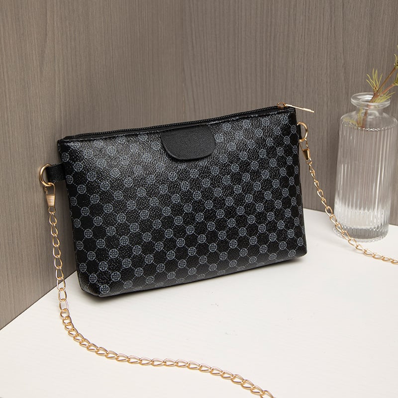 PU οριζόντια τετράγωνη τσάντα ώμου με αλυσίδα, φερμουάρ, πολυεστερική επένδυση, θήκη για κινητό