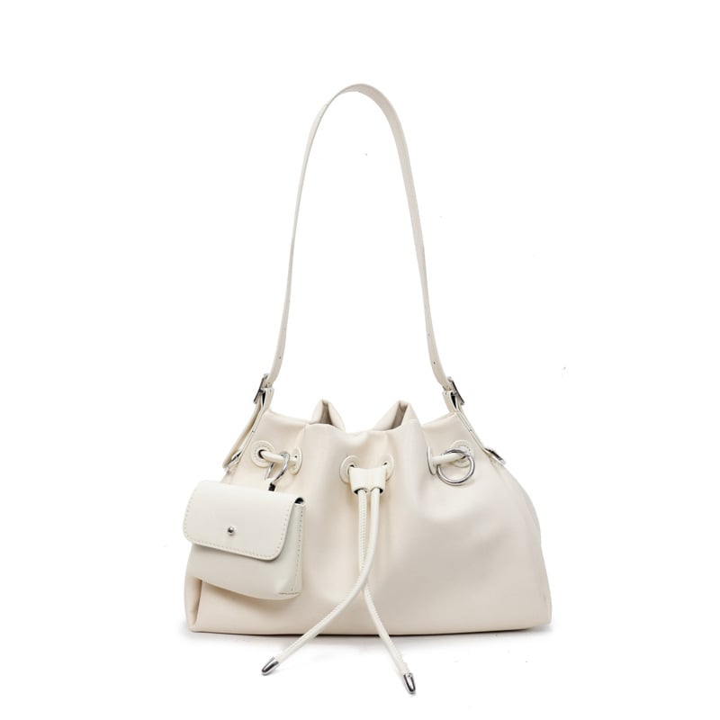 Šņorēta bucket formas soma — PU materiāls, bucket forma, magnētiska aizvēršana, poliestera oderde, pilsētas minimālisma stils