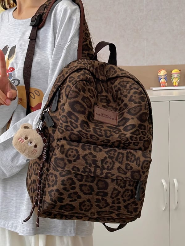 Leoparda printa mugursoma studentes – ielu stilā, poliesters, klēpjdatora kabata, elpojoša, rudens 2025