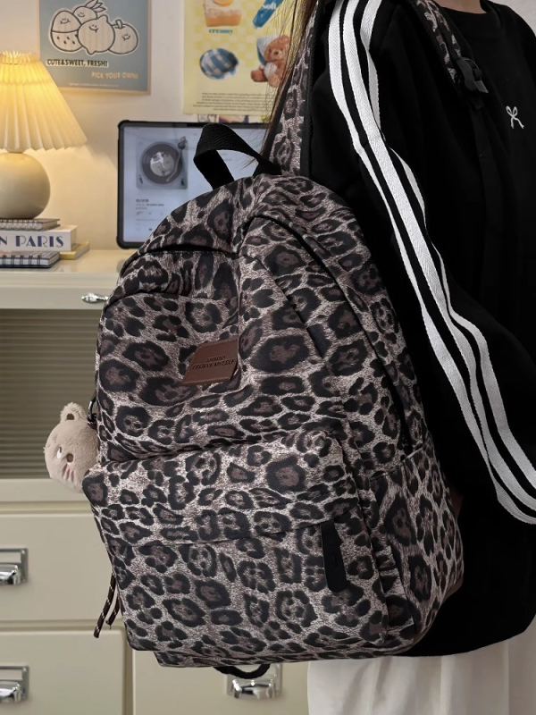 Leoparda printa mugursoma studentes – ielu stilā, poliesters, klēpjdatora kabata, elpojoša, rudens 2025