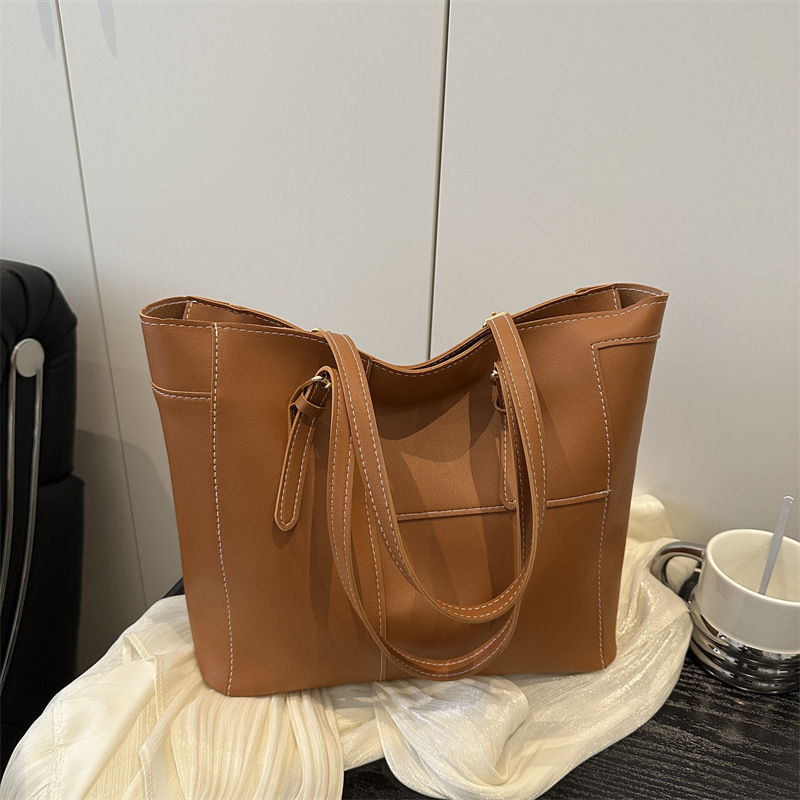 Γυναικεία τσάντα τύπου tote από PU, αστικός μινιμαλισμός, σχήμα κουβά, κλείσιμο με φερμουάρ, κρυφή τσέπη με φερμουάρ