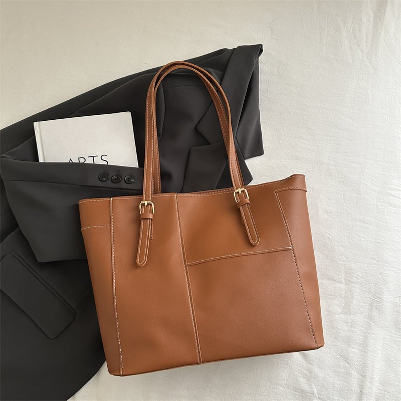 Γυναικεία τσάντα τύπου tote από PU, αστικός μινιμαλισμός, σχήμα κουβά, κλείσιμο με φερμουάρ, κρυφή τσέπη με φερμουάρ