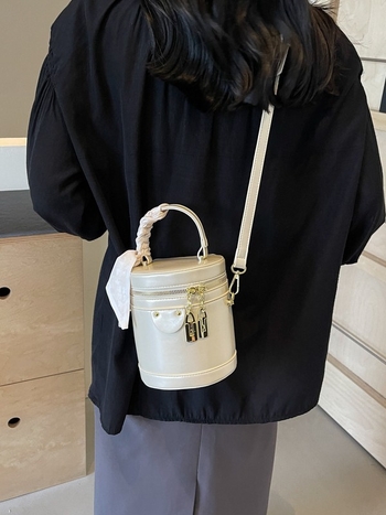 Γυναικεία κυλινδρική τσάντα bucket, PU, φερμουάρ, επένδυση από πολυεστέρα, αστικό μινιμαλιστικό στυλ, με μία ιμάντα