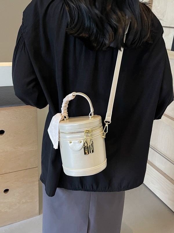 Γυναικεία κυλινδρική τσάντα bucket, PU, φερμουάρ, επένδυση από πολυεστέρα, αστικό μινιμαλιστικό στυλ, με μία ιμάντα