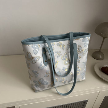 Τσάντα Tote σε κορεατικό στυλ με εκτύπωση πεταλούδας, PU, με φερμουάρ