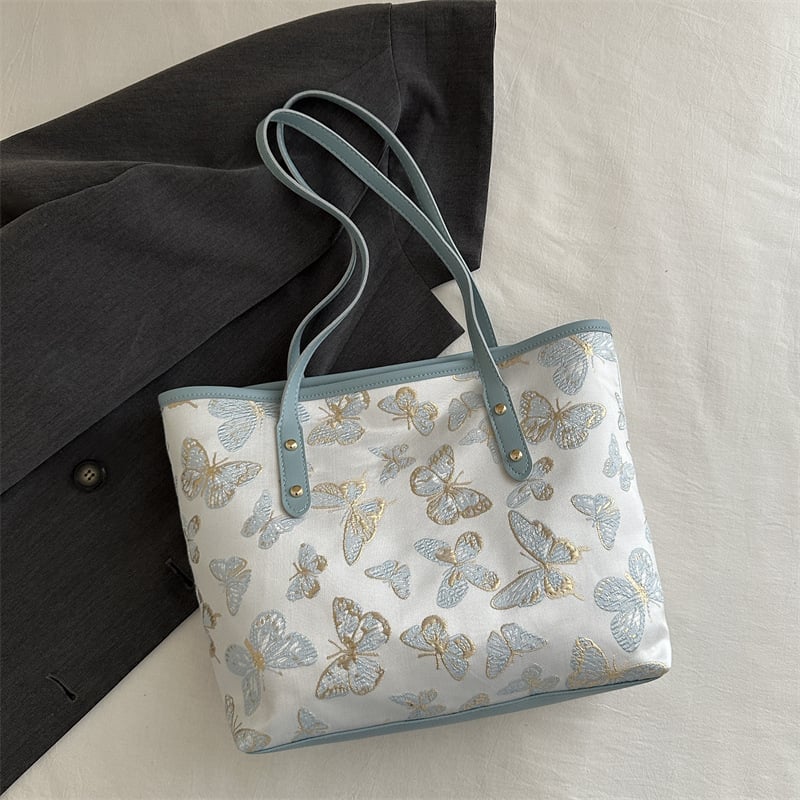 Τσάντα Tote σε κορεατικό στυλ με εκτύπωση πεταλούδας, PU, με φερμουάρ