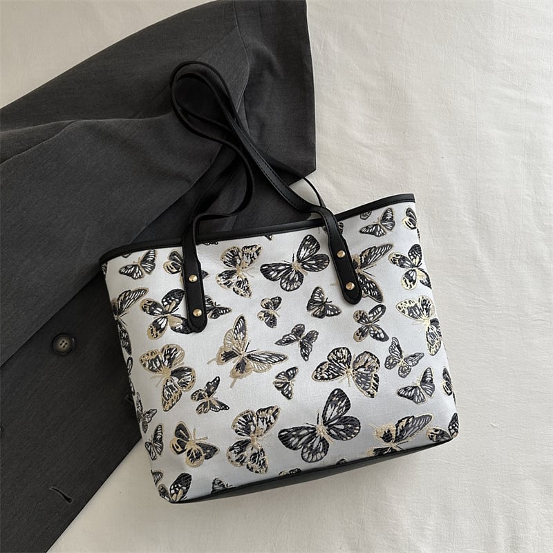 Τσάντα Tote σε κορεατικό στυλ με εκτύπωση πεταλούδας, PU, με φερμουάρ