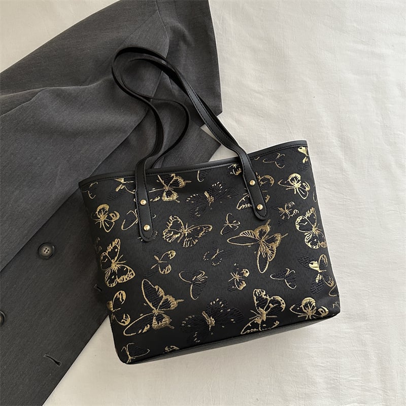 Τσάντα Tote σε κορεατικό στυλ με εκτύπωση πεταλούδας, PU, με φερμουάρ