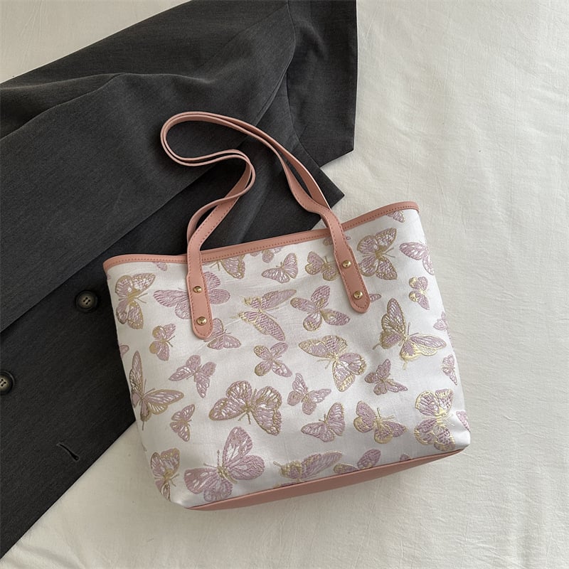 Τσάντα Tote σε κορεατικό στυλ με εκτύπωση πεταλούδας, PU, με φερμουάρ
