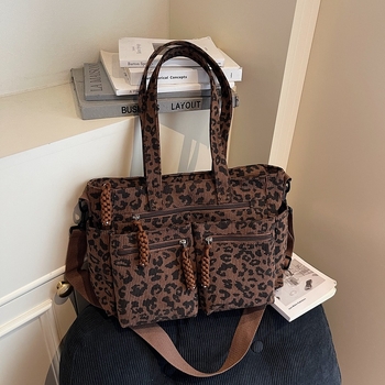 Corduroy leopard uzorak Tote torba, zatvarač, vodoravni kvadratni oblik, poliester podstava