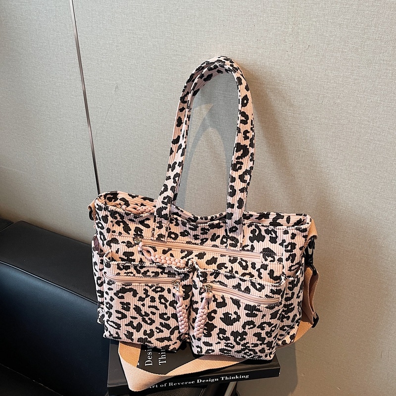 Corduroy leopard uzorak Tote torba, zatvarač, vodoravni kvadratni oblik, poliester podstava