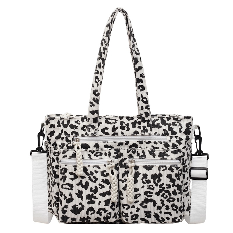 Corduroy leopard uzorak Tote torba, zatvarač, vodoravni kvadratni oblik, poliester podstava