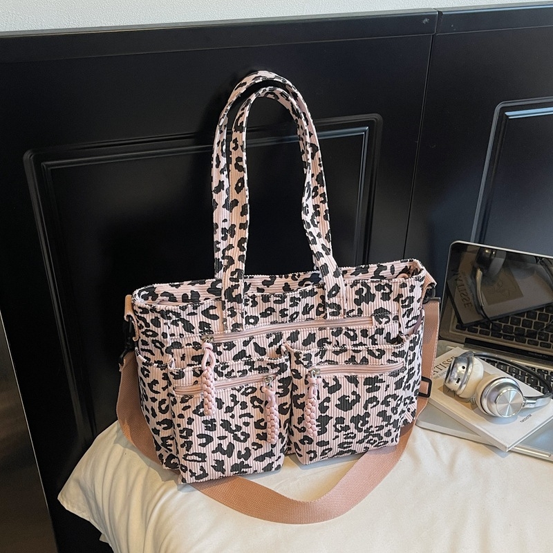 Corduroy leopard uzorak Tote torba, zatvarač, vodoravni kvadratni oblik, poliester podstava