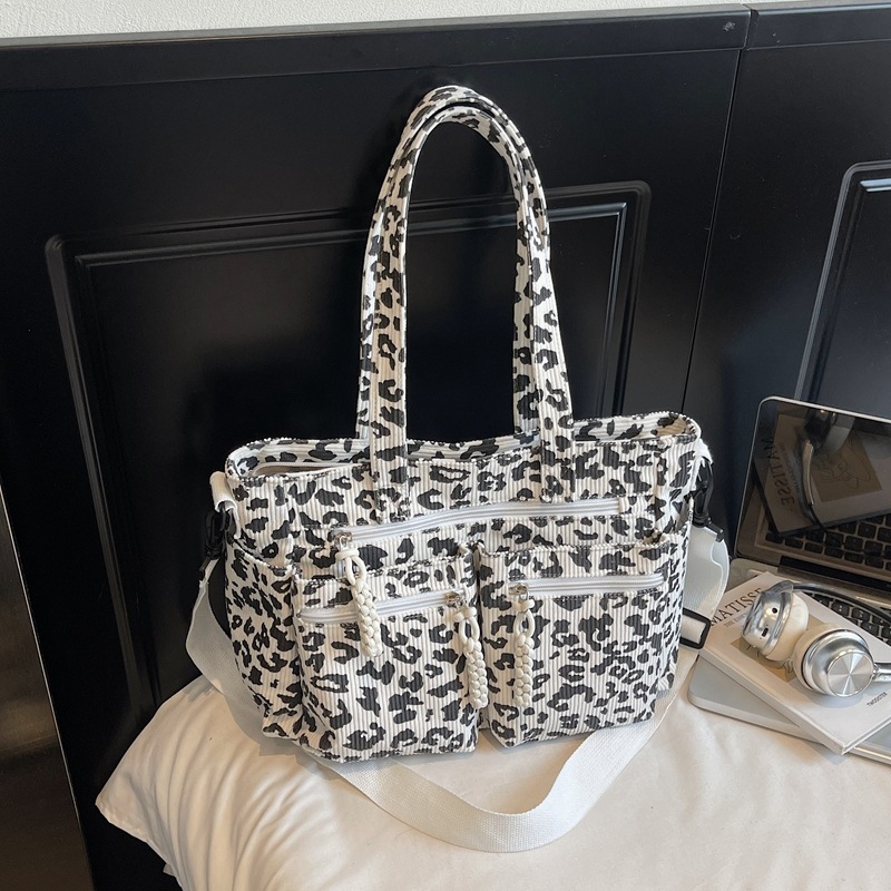 Corduroy leopard uzorak Tote torba, zatvarač, vodoravni kvadratni oblik, poliester podstava