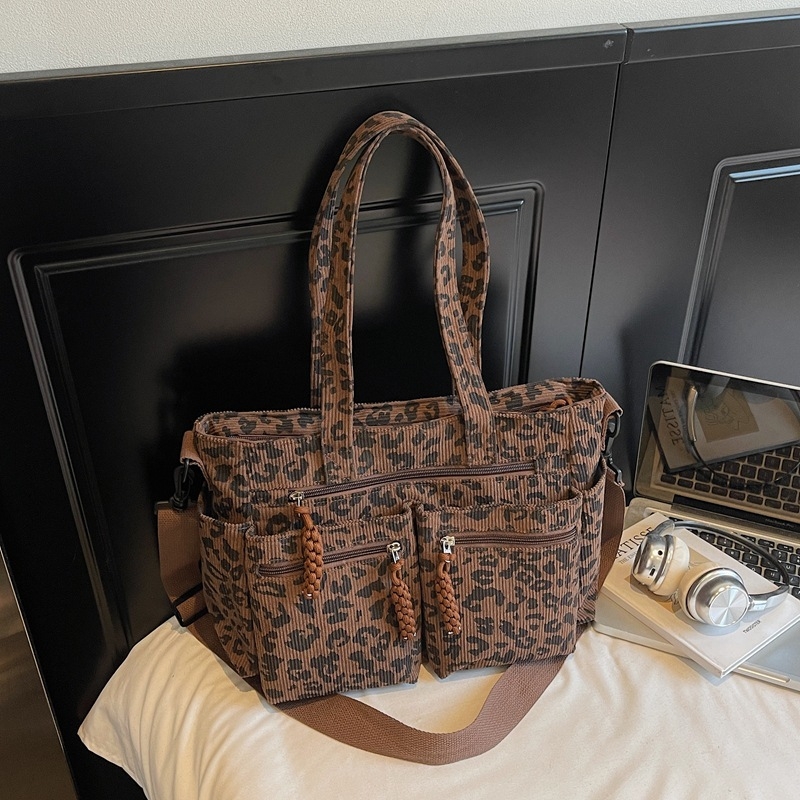 Corduroy leopard uzorak Tote torba, zatvarač, vodoravni kvadratni oblik, poliester podstava