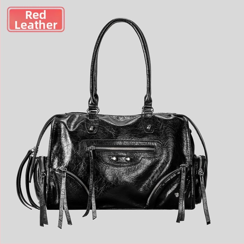 PU materiāla Tote soma ar metāla kniedēm, horizontāls kvadrāta formāts, rāvējslēdzēja atvērums, iekšējā rāvējslēdzēja kabata, liela ietilpība