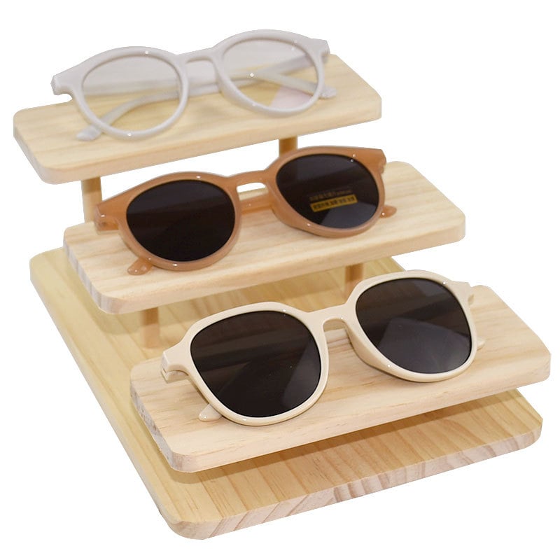 Пететажна стойка за очила от масивно дърво и акрил, трапецовиден Nordic стил, дисплей за очила