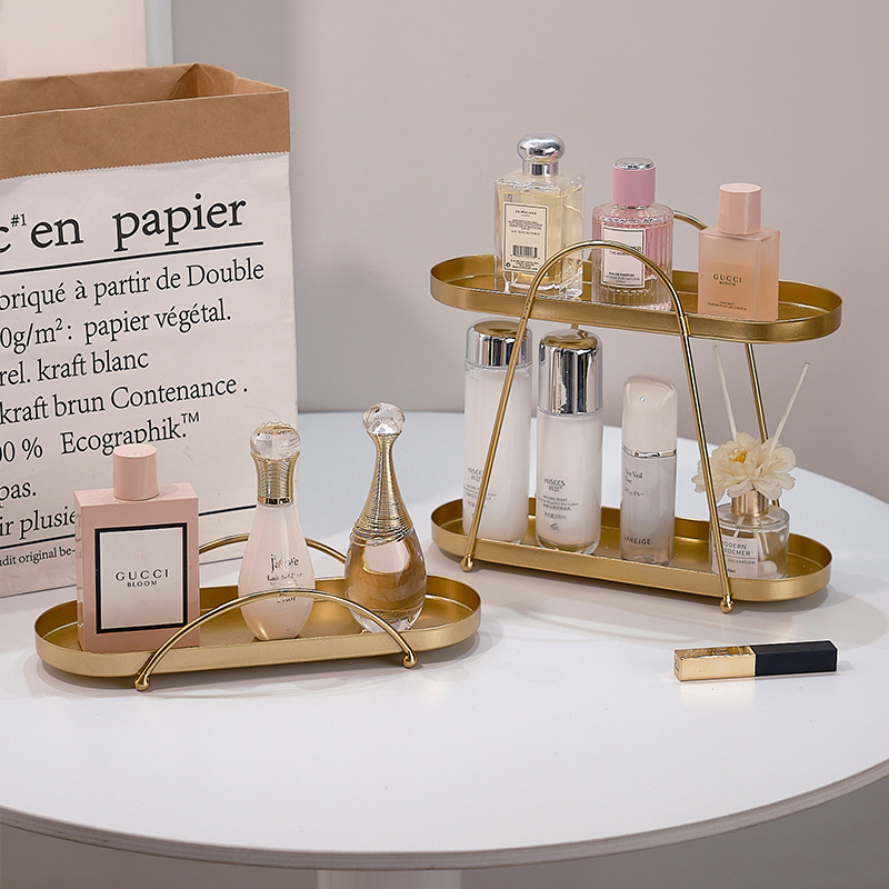 Двуетажна железна стойка за съхранение на бижута и козметика за настолен монтаж