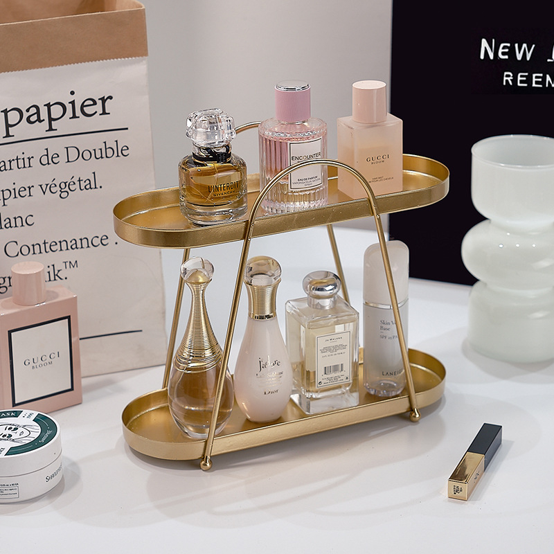 Двуетажна железна стойка за съхранение на бижута и козметика за настолен монтаж