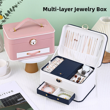 Кутия за бижута с огледало, три слоя — преносима за настолно съхранение, прахоустойчива и влагозащитена, пластмасова конструкция