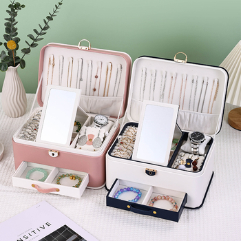 Кутия за бижута с огледало, три слоя — преносима за настолно съхранение, прахоустойчива и влагозащитена, пластмасова конструкция