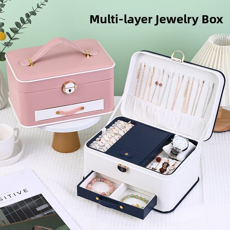 Кутия за бижута с огледало, три слоя — преносима за настолно съхранение, прахоустойчива и влагозащитена, пластмасова конструкция