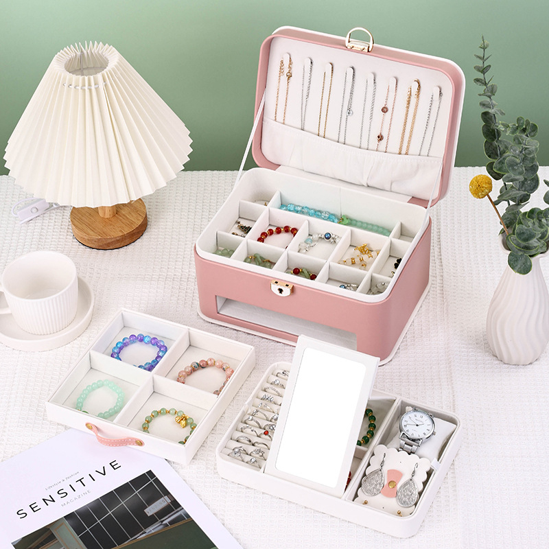 Кутия за бижута с огледало, три слоя — преносима за настолно съхранение, прахоустойчива и влагозащитена, пластмасова конструкция