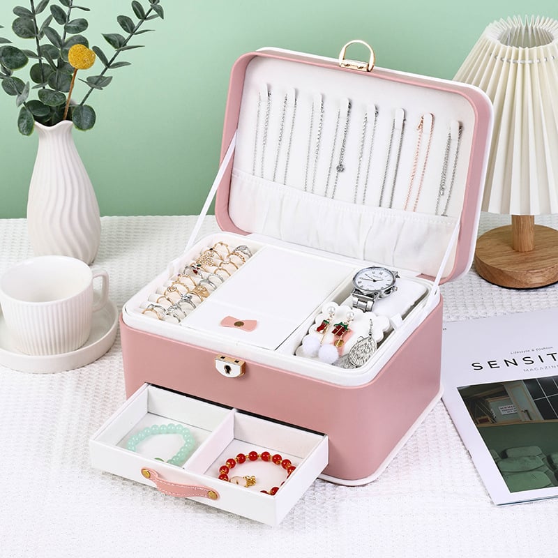 Кутия за бижута с огледало, три слоя — преносима за настолно съхранение, прахоустойчива и влагозащитена, пластмасова конструкция