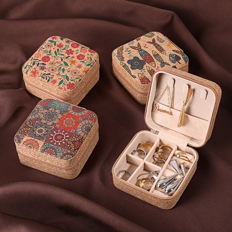 Шкатулка за бижута – преносима и прахозащитна, настолна за съхранение, корпус от кожа от корк, пластмаса и фланел, еднослойна, класически китайски стил