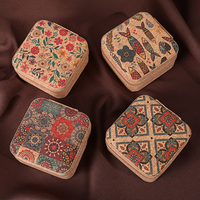 Шкатулка за бижута – преносима и прахозащитна, настолна за съхранение, корпус от кожа от корк, пластмаса и фланел, еднослойна, класически китайски стил